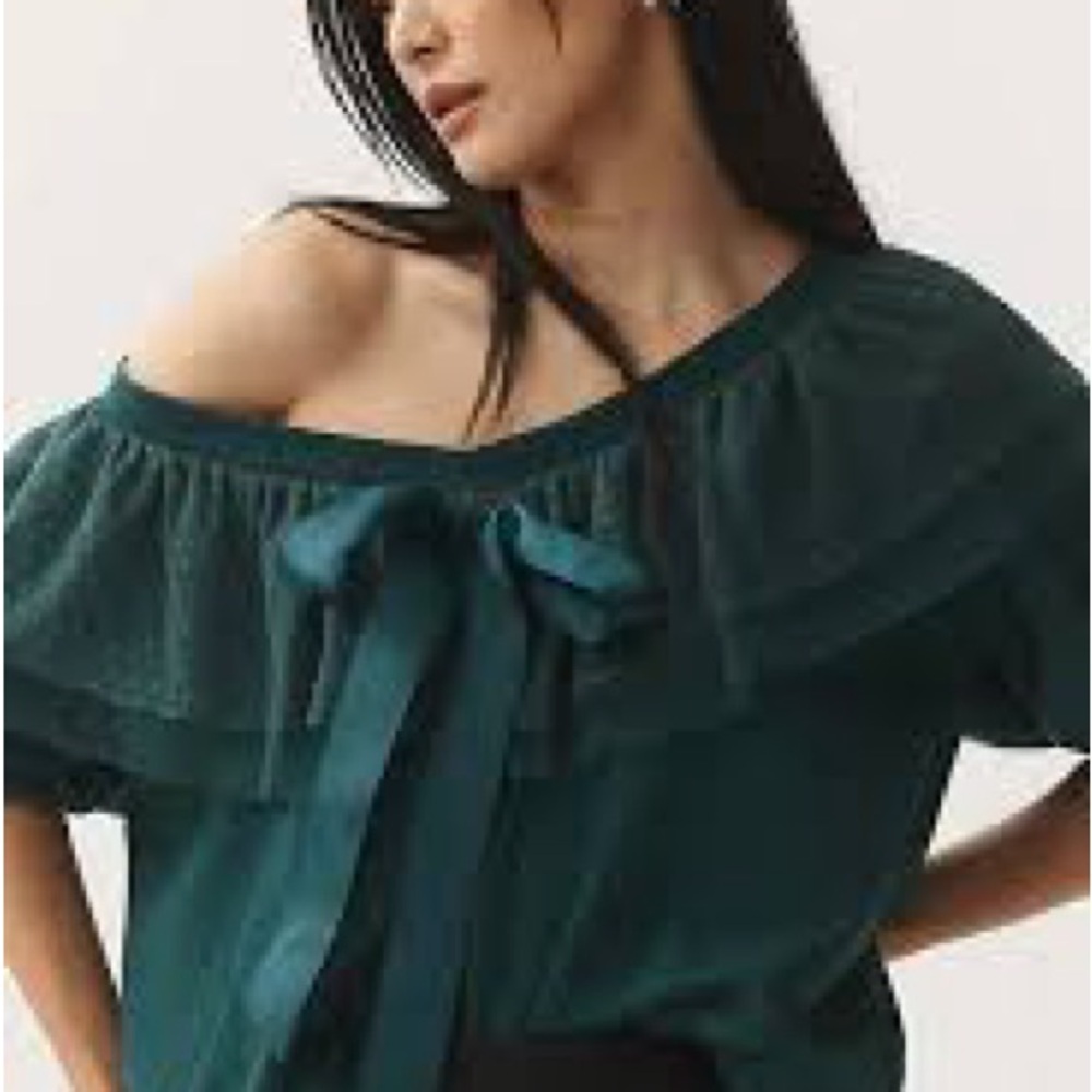 Anthropologie Maeve Teal Ruffle Bow Crop Sweater Sz M - Picture 2 of 7